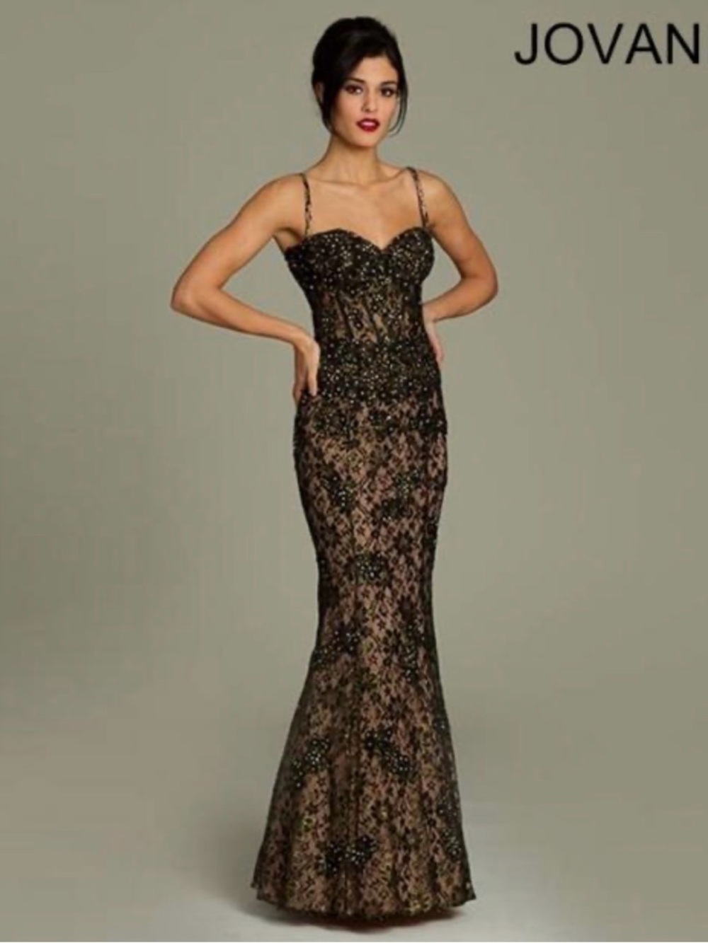 Jovani Black Lace Over Nude Strappy Beaded Maxi Gown